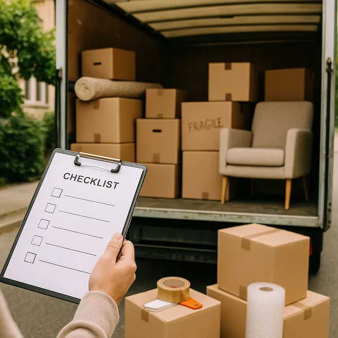 En flyttbil med öppen baklucka lastad med flyttkartonger och möbler, en person som håller en checklista, och packmaterial som tejp och bubbelplast